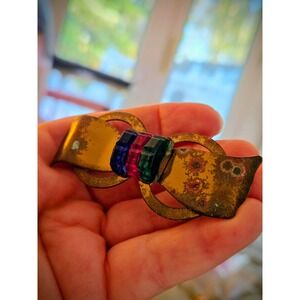 1920s Art Deco Red Blue Green Glass Bow Bar Antique Brooch Goldtone Rare